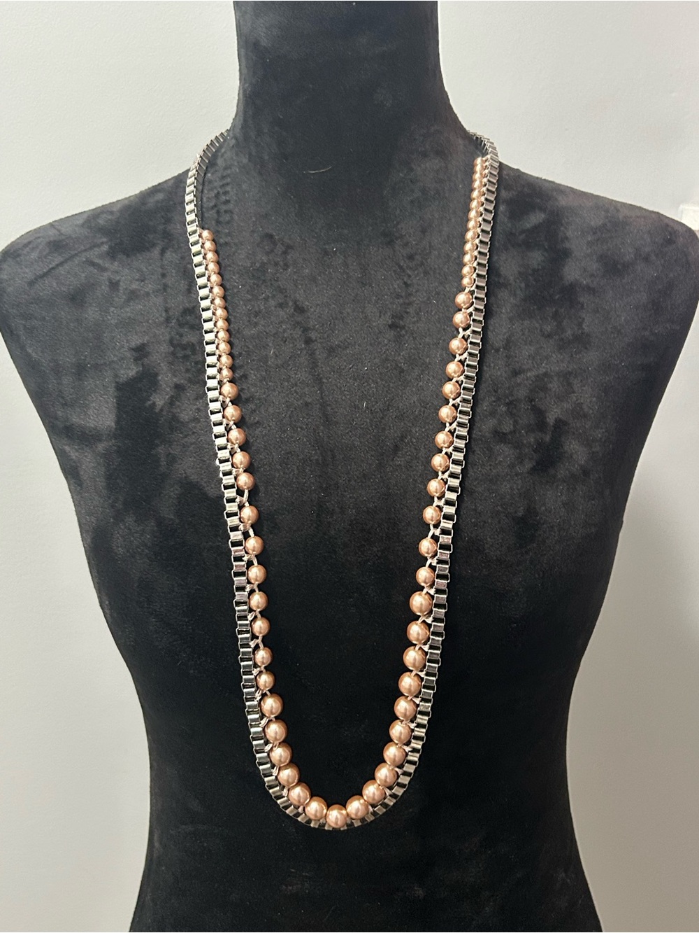 LOFT Long Silver Tone & Pearl Beaded Necklace | Elegant Layered Look